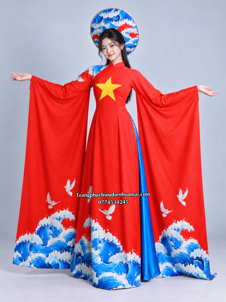 Áo dài nữ truyền thống tà dài - Sao vàng hải âu (kèm mấn)