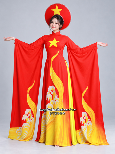 Áo dài nữ truyền thống tà dài - Sao vàng sóng biển (kèm mấn)