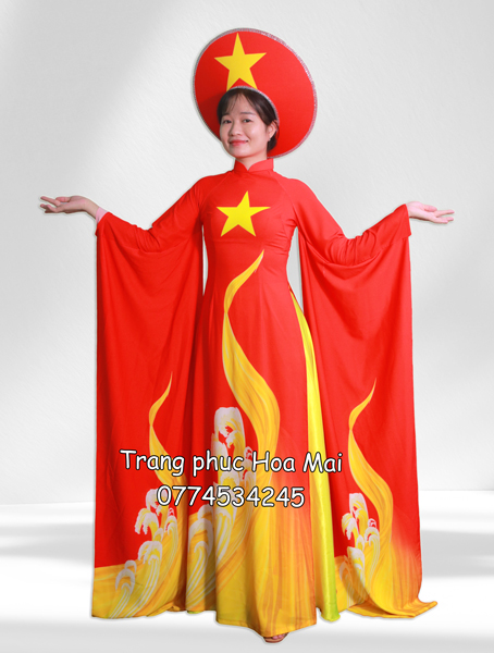 Áo dài nữ truyền thống tà dài - Sao vàng sóng biển (kèm mấn)