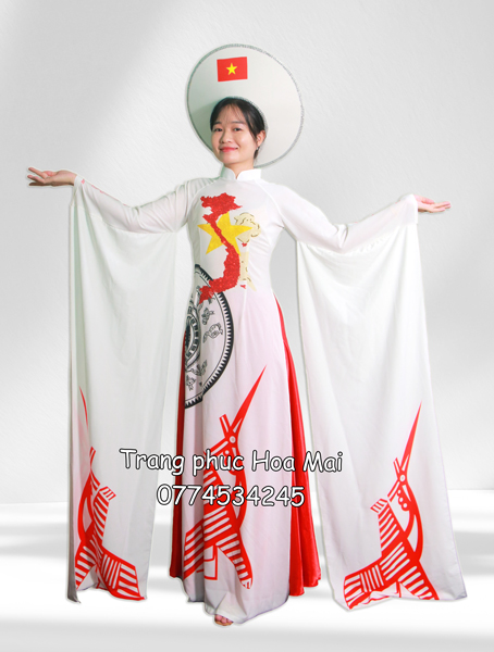 Áo dài nữ truyền thống tà dài - Trắng bản đồ VN (kèm mấn)
