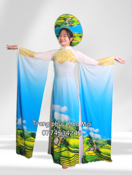 Áo dài nữ truyền thống tà dài - Trắng xanh Tây Bắc (kèm mấn)
