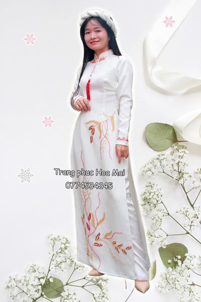 Áo dài nữ truyền thống - Trắng gấm đính hạt cao cấp