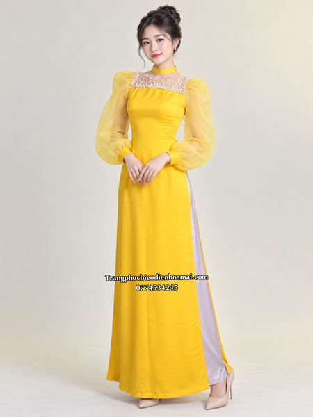Áo dài nữ truyền thống - Vàng tay bồng đính hạt