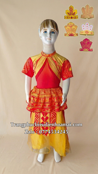 Trang phục Âu Lạc nữ thiếu nhi - Đỏ vàng in hạc