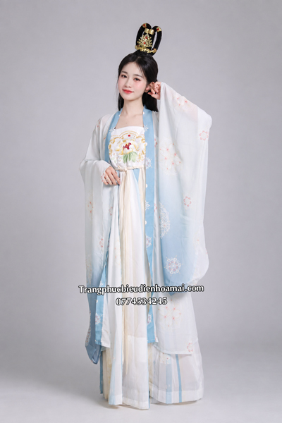 Cổ trang nữ Cao Cấp - Trắng Xanh Thêu Hoa