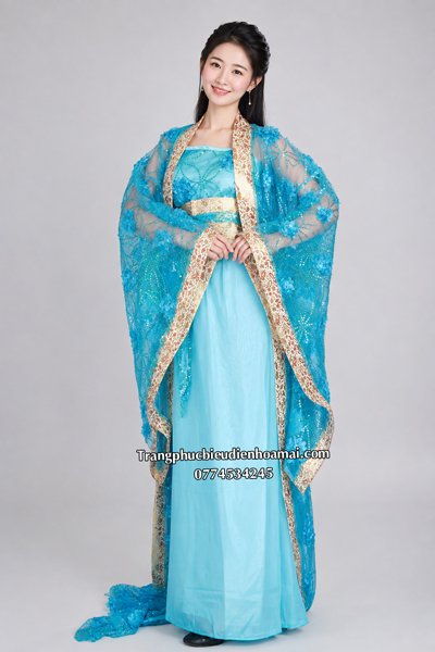 Cổ trang nữ - Xanh dương ren kim sa