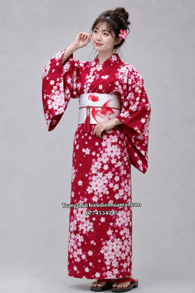 Trang phục Kimono nữ - Đỏ đậm hoa đào cao cấp