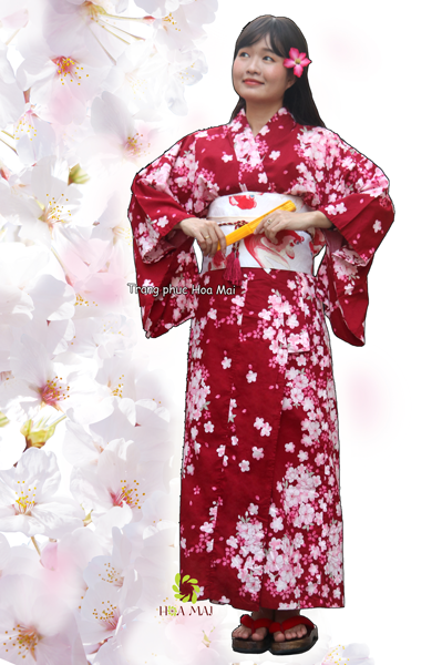 Trang phục Kimono nữ - Đỏ đậm hoa đào cao cấp