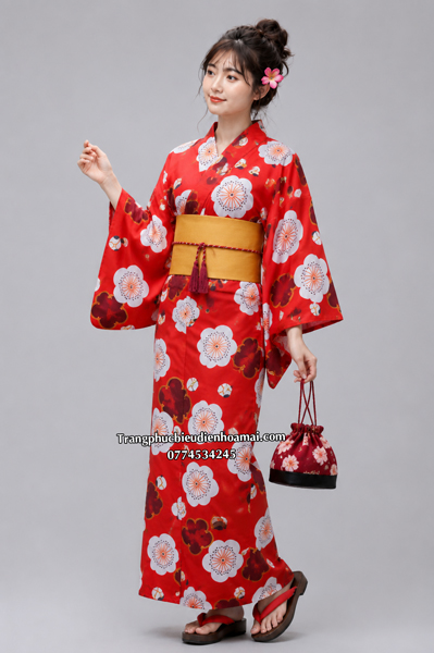 Trang phục Kimono nữ - Đỏ hoa đào cao cấp