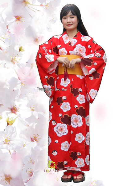 Trang phục Kimono nữ - Đỏ hoa đào cao cấp