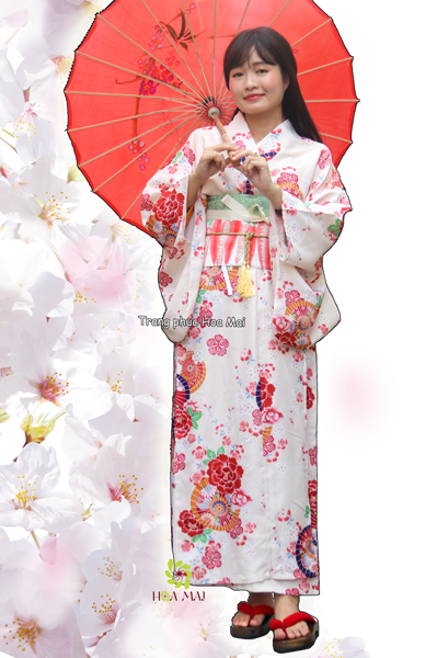 Trang phục Kimono nữ - Kem hoa đỏ cao cấp