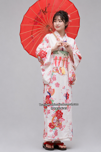 Trang phục Kimono nữ - Kem hoa đỏ cao cấp