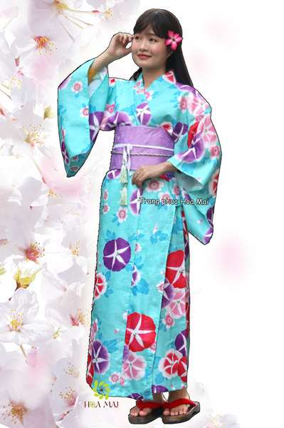 Trang phục Kimono nữ - Xanh hoa tím cao cấp