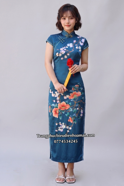 Sườn xám nữ lụa dài - Xanh dương đậm