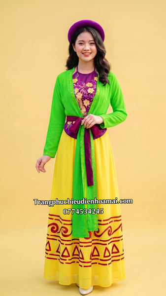 Trang phục tứ thân khoác xanh lá yếm tím