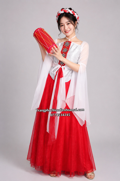 Váy yếm - Trắng viển đỏ tay lỡ 1