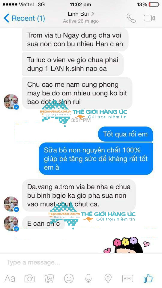 phản hồi khách hàng sữa bò non úc