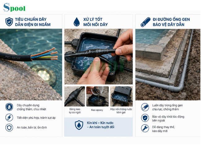 Tiêu chuẩn dây dẫn và một số lưu ý khi đấu nối, đi dây dẫn cho hệ thống đèn hồ bơi