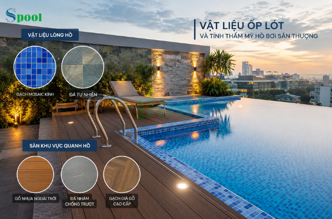 Chất liệu lát lòng hồ và sàn khu vực quanh hồ được sử dụng phổ biến