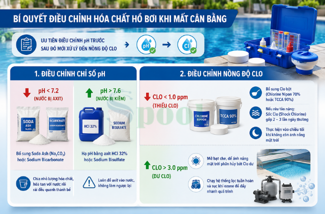 Cách bước cân bằng lại hóa chất hồ bơi