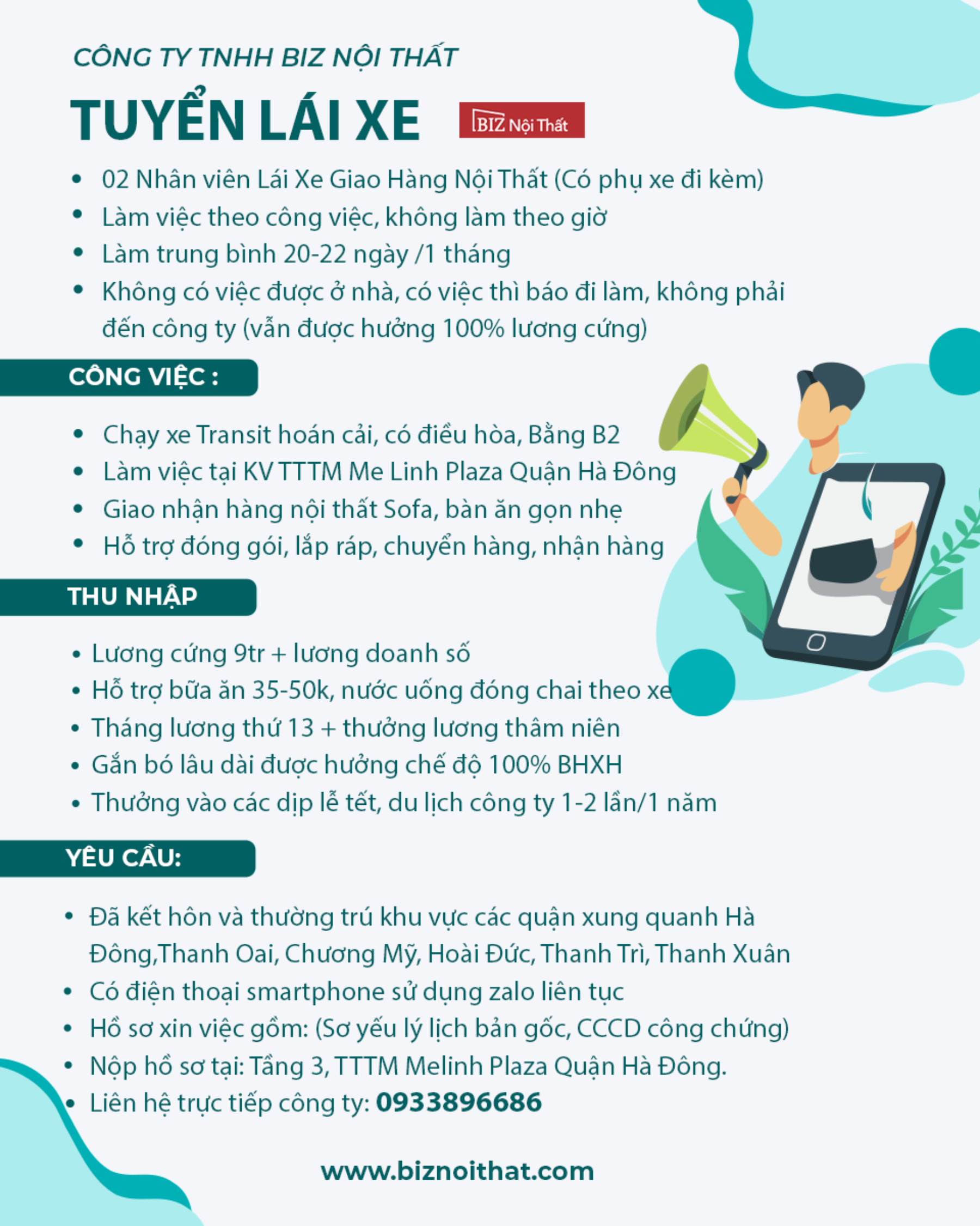 🔥 Công Ty TNHH Biz Nội Thất tuyển dụng: 02 Nhân viên Lái Xe Giao Hàng Nội Thất 