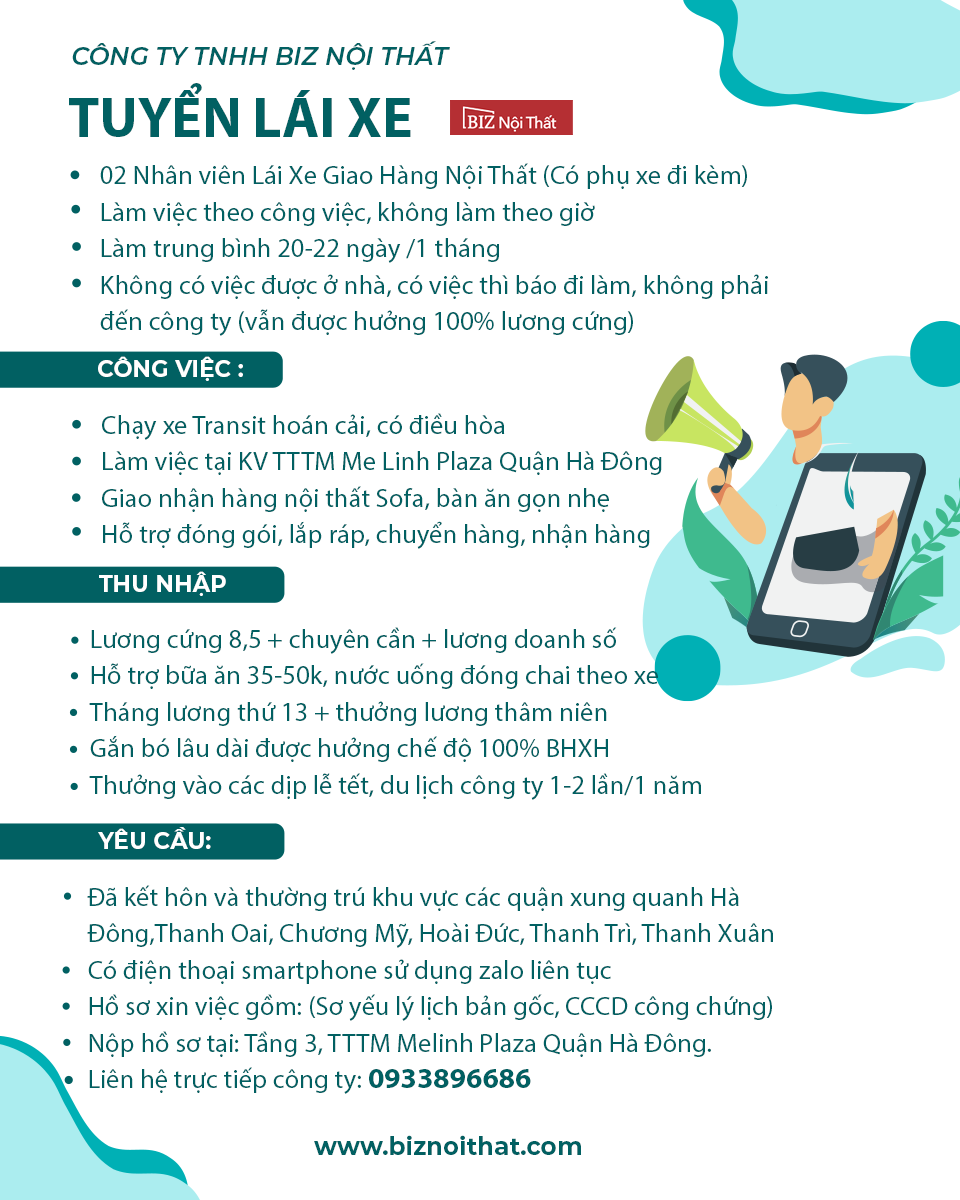 Công ty TNHH Biz Nội Thất tuyển lái xe giao hàng