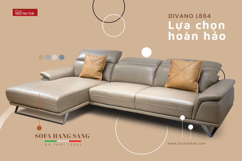 Bộ Sofa góc chất liệu da bò Italia Divano L864 màu Apricot