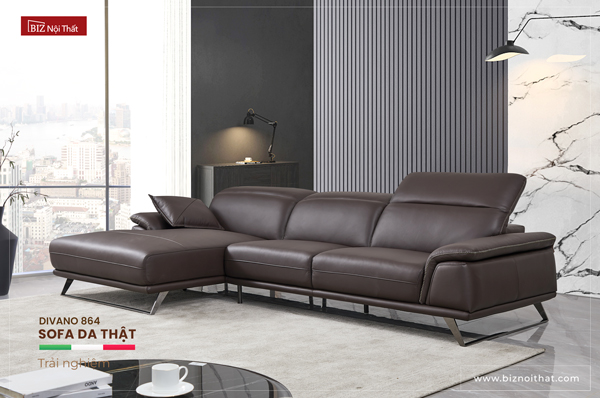 Bộ Sofa góc chất liệu da bò Italia Divano L864 màu Apricot