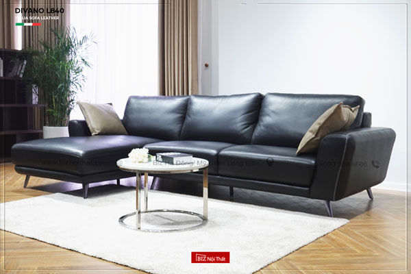 Bộ Sofa chất liệu da bò Ý nhập khẩu Divano L-840 màu đen dài 2,91m