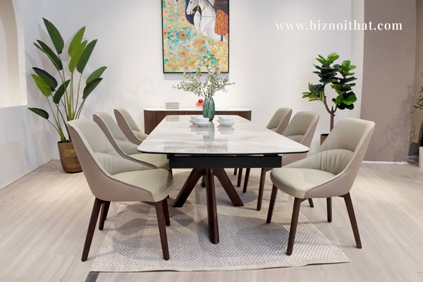 Ghế ăn da cao cấp DF2238 màu kem nhập khẩu chân gỗ sồi