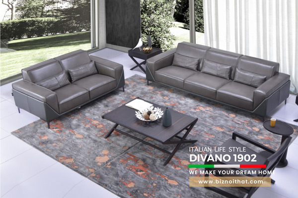 Bộ Sofa văng da bò nhập khẩu Full 100% da bò Divano S1902 dài 2,2m màu Xám Dark Grey