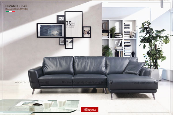 Bộ Sofa chất liệu da bò Ý nhập khẩu Divano L-840 màu đen dài 2,91m