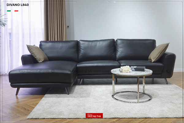 Bộ Sofa chất liệu da bò Ý nhập khẩu Divano L-840 màu đen dài 2,91m