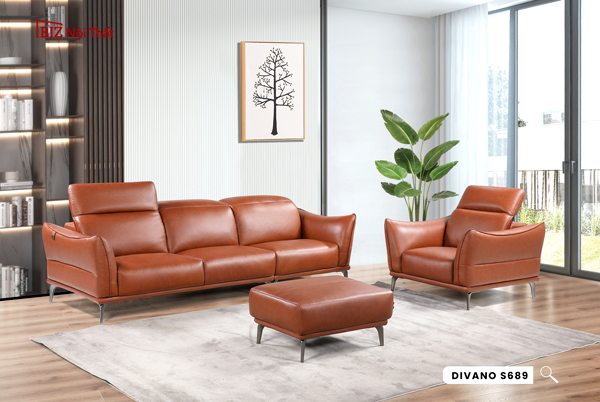 Bộ Ghế Sofa Góc chất liệu da bò Ý nhập khẩu Divano L689 màu Camel