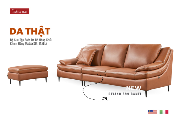 Bộ Sofa Văng chất liệu da bò Ý nhập khẩu Divano S-899 màu nâu Dark Brown