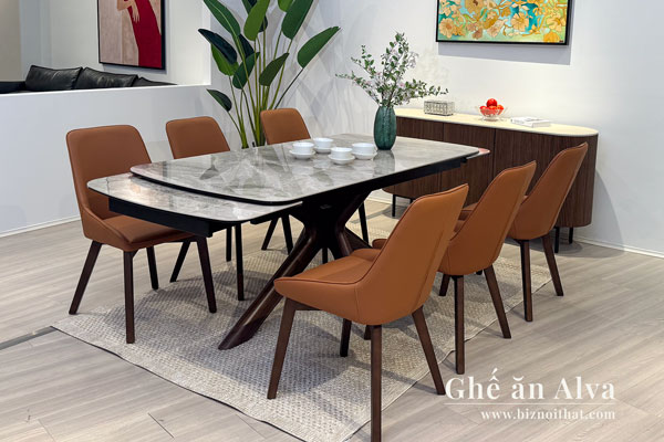 Ghế ăn da cao cấp Alva màu camel nhập khẩu chân gỗ sồi