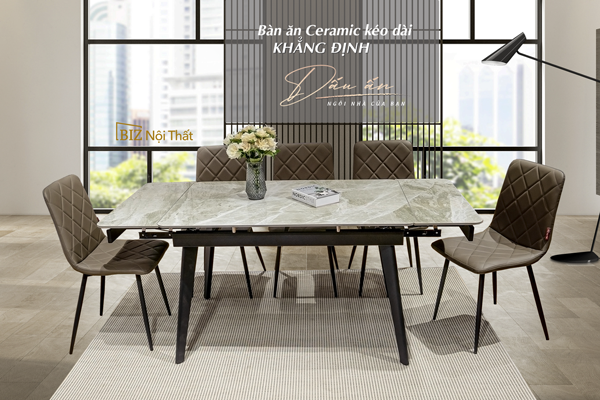 Bộ bàn ăn thông minh mặt đá Ceramic kéo dài Biz-2312 gồm 06 ghế