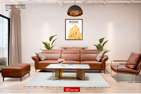 Sofa văng 3 chỗ chất liệu da bò Italia Divano S-833 màu Camel