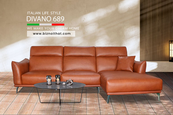 Bộ Ghế Sofa Góc chất liệu da bò Ý nhập khẩu Divano L689 màu Camel