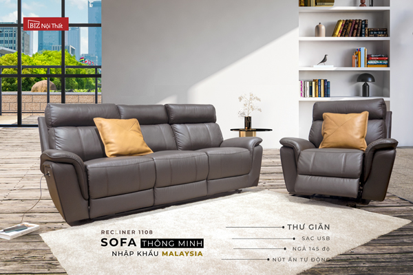 Bộ Sofa thông minh chỉnh điện da thật nhập khẩu Recliner M-1108