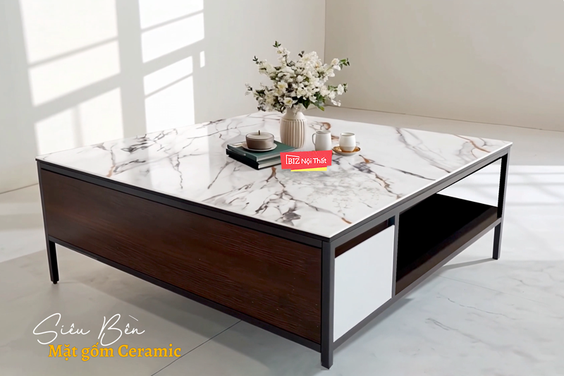 Bàn Trà Vuông Mặt Gốm V19149S màu vân đá cao cấp nhập khẩu