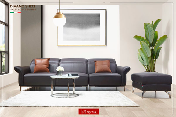 Bộ Sofa góc chất liệu da bò Italia Divano L-833 màu nâu Dark Brown