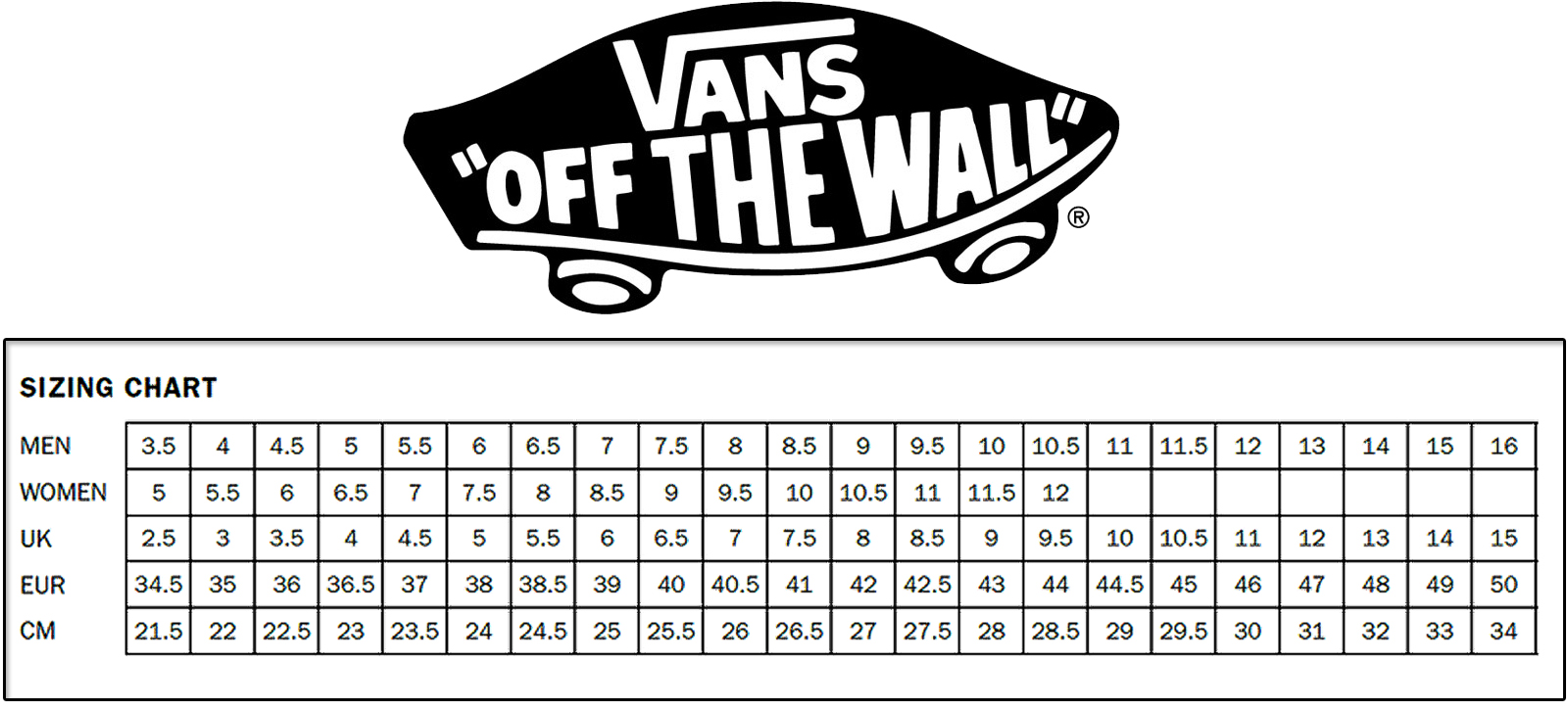 vans authentic size chart