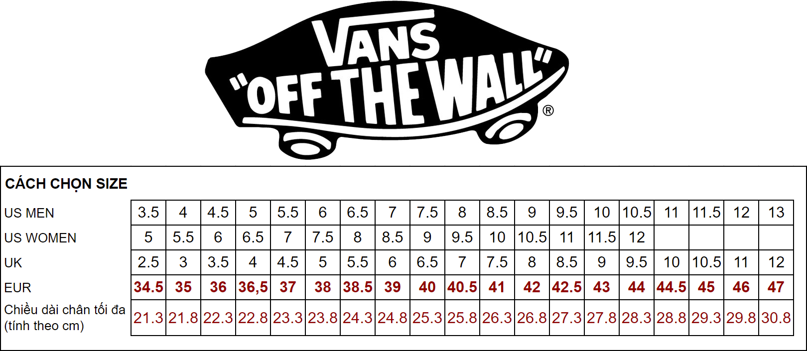 vans sizing info