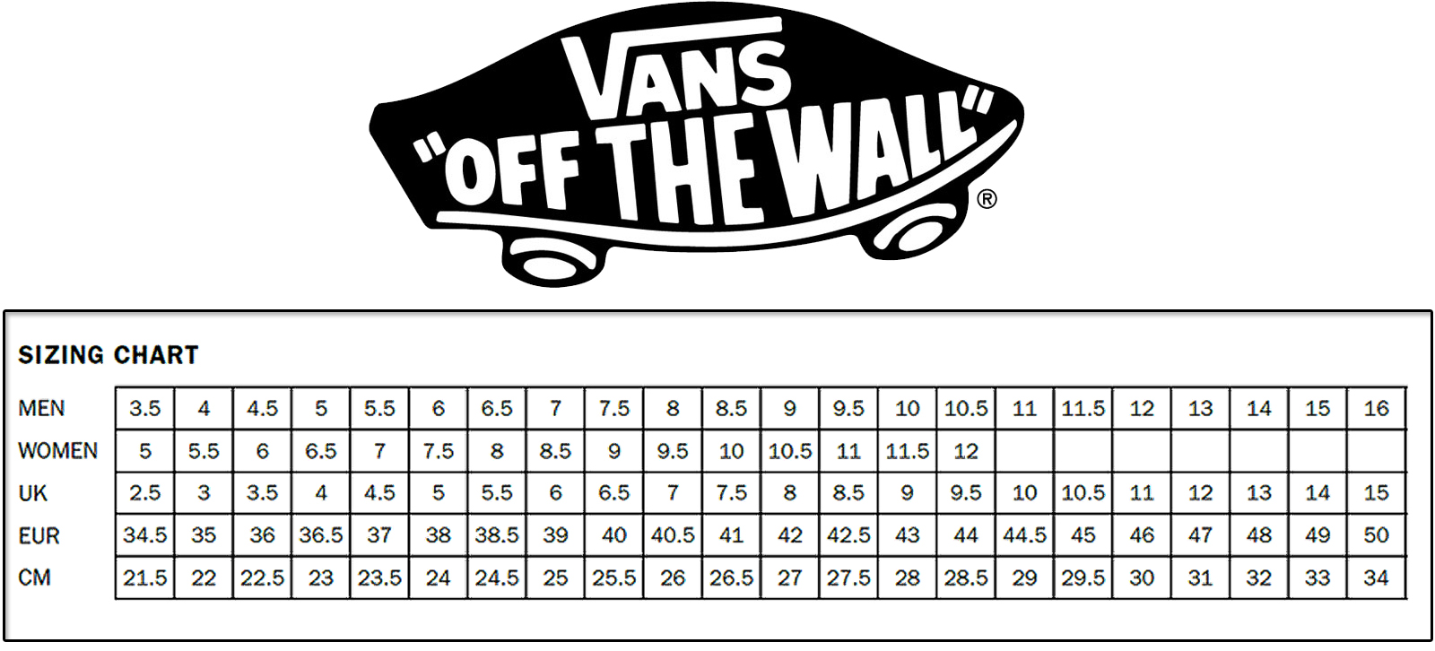 Vans Size Chart Cm