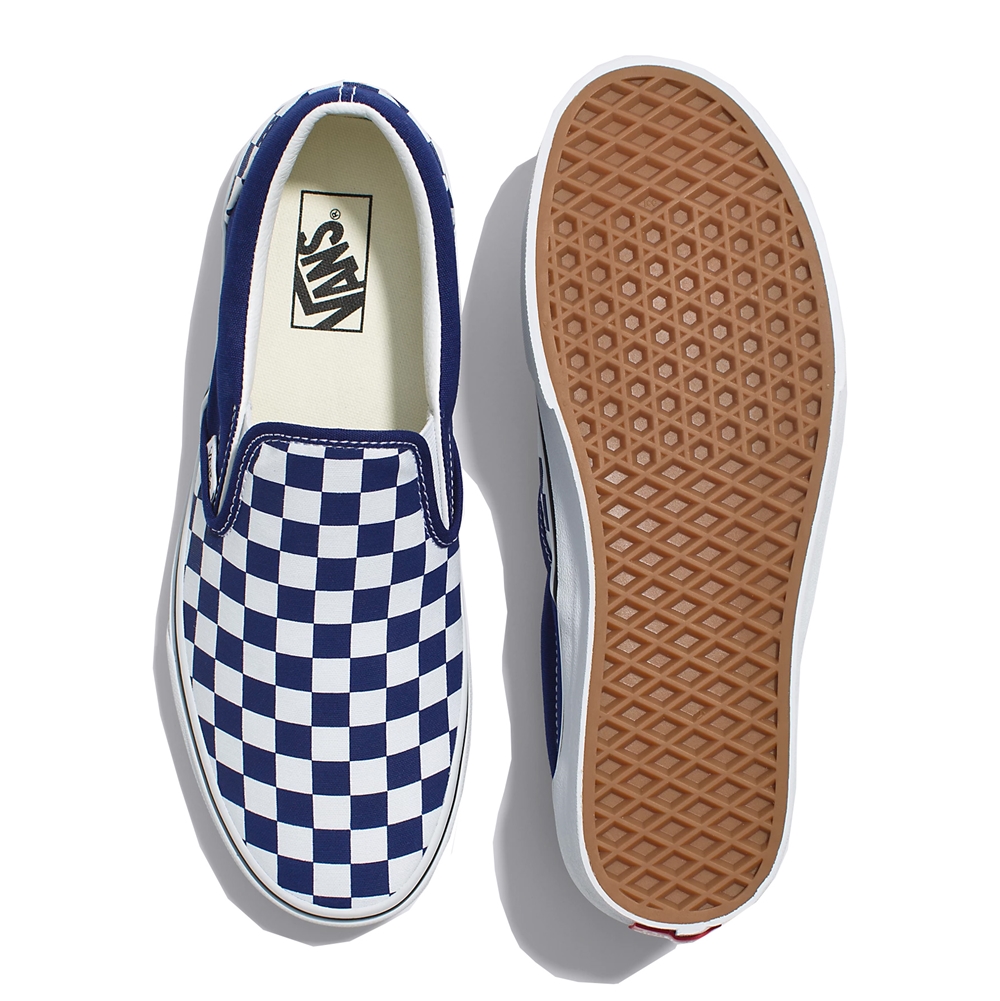 blue and white checkered slip on vans