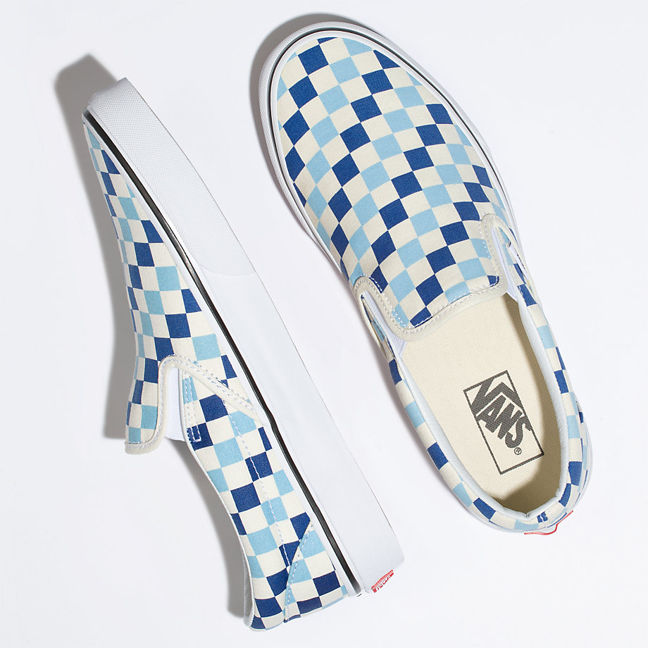 blue and white checkered slip on vans