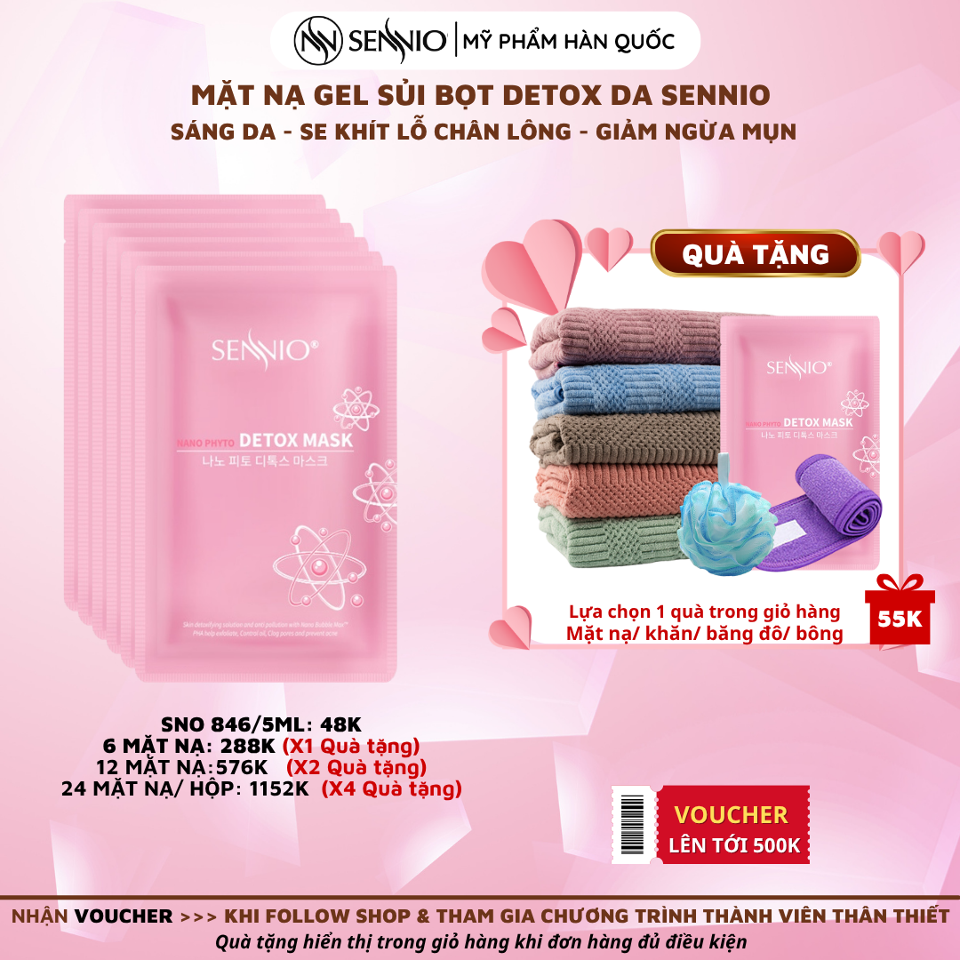Mặt nạ sủi bọt thải độc Sennio Nano Phyto Detox Face 5ml dưỡng ẩm trắng da hộp 24 miếng SNO 846