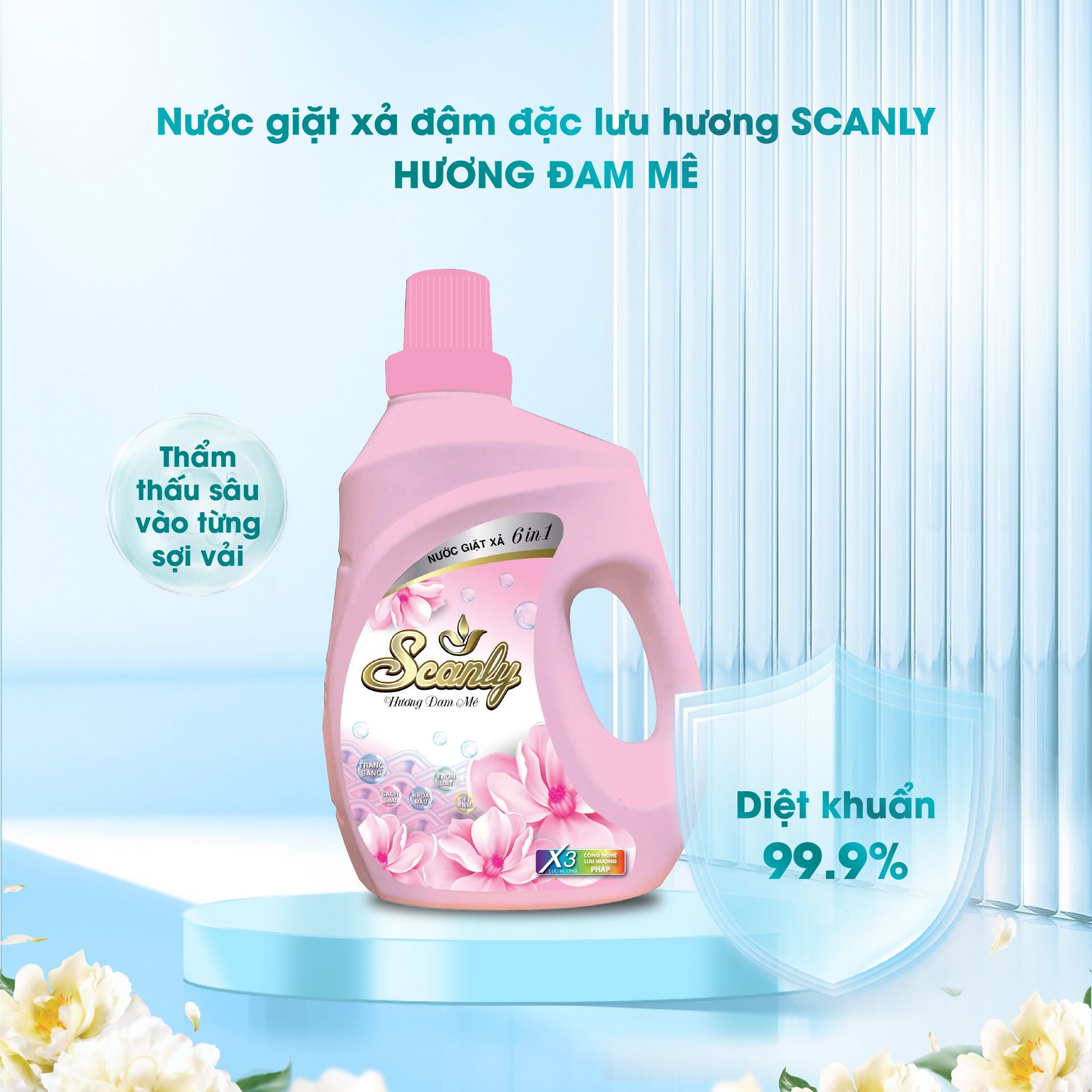 Nước Giặt xả hương đam mê 6in1 Scanly giúp giữ màu bền bỉ, Thơm ngát cả ngày dài