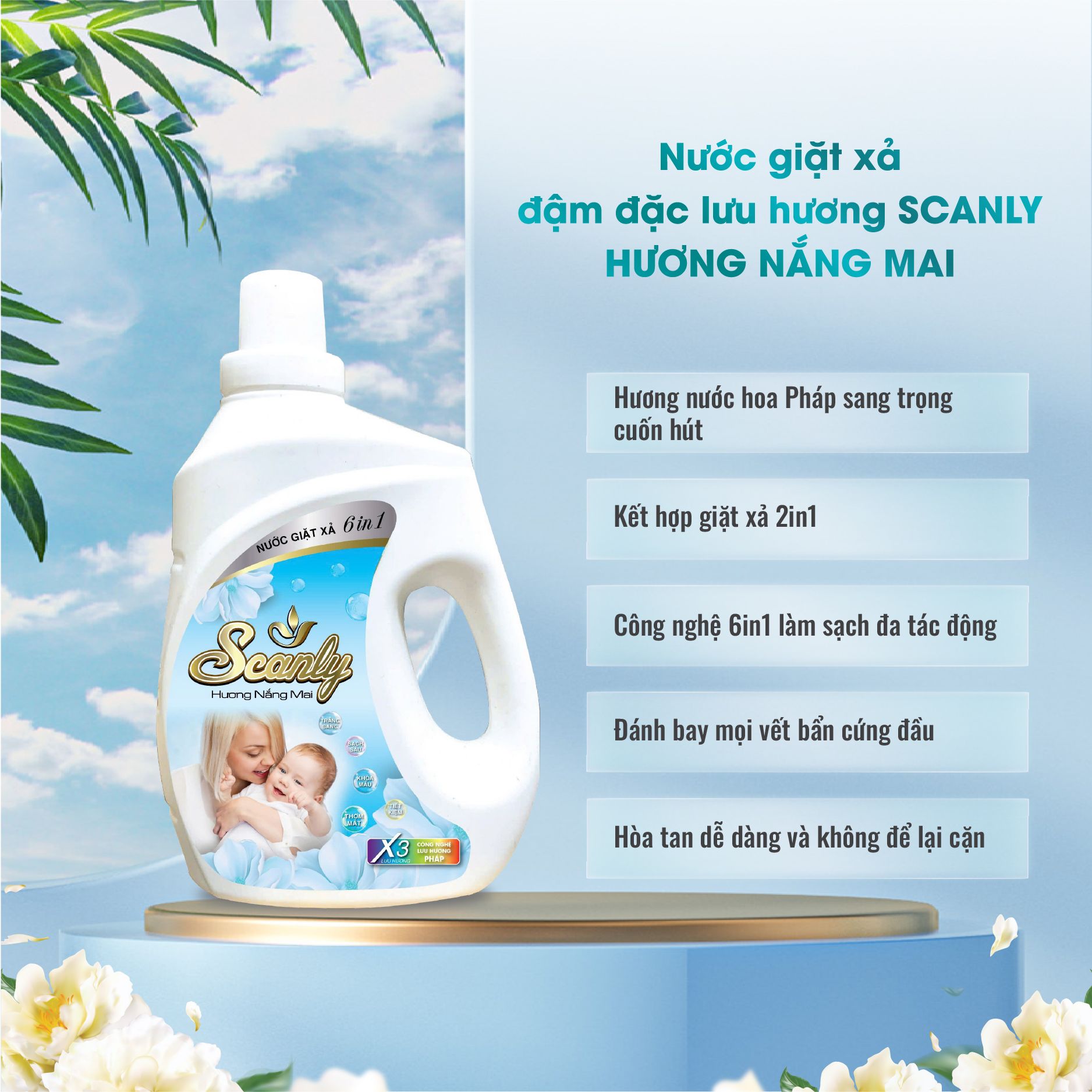 Nước Giặt xả hương nắng mai 6in1 Scanly giúp giữ màu bền bỉ, Thơm ngát cả ngày dài